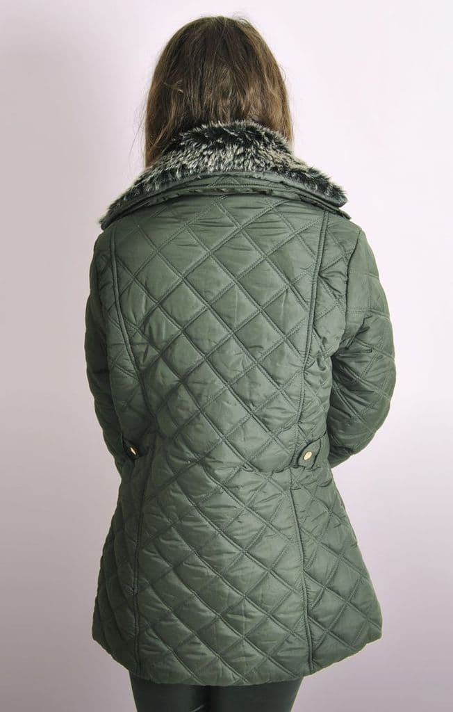 Ladies Olive Quilted Jacket with Removable Fur Collar
